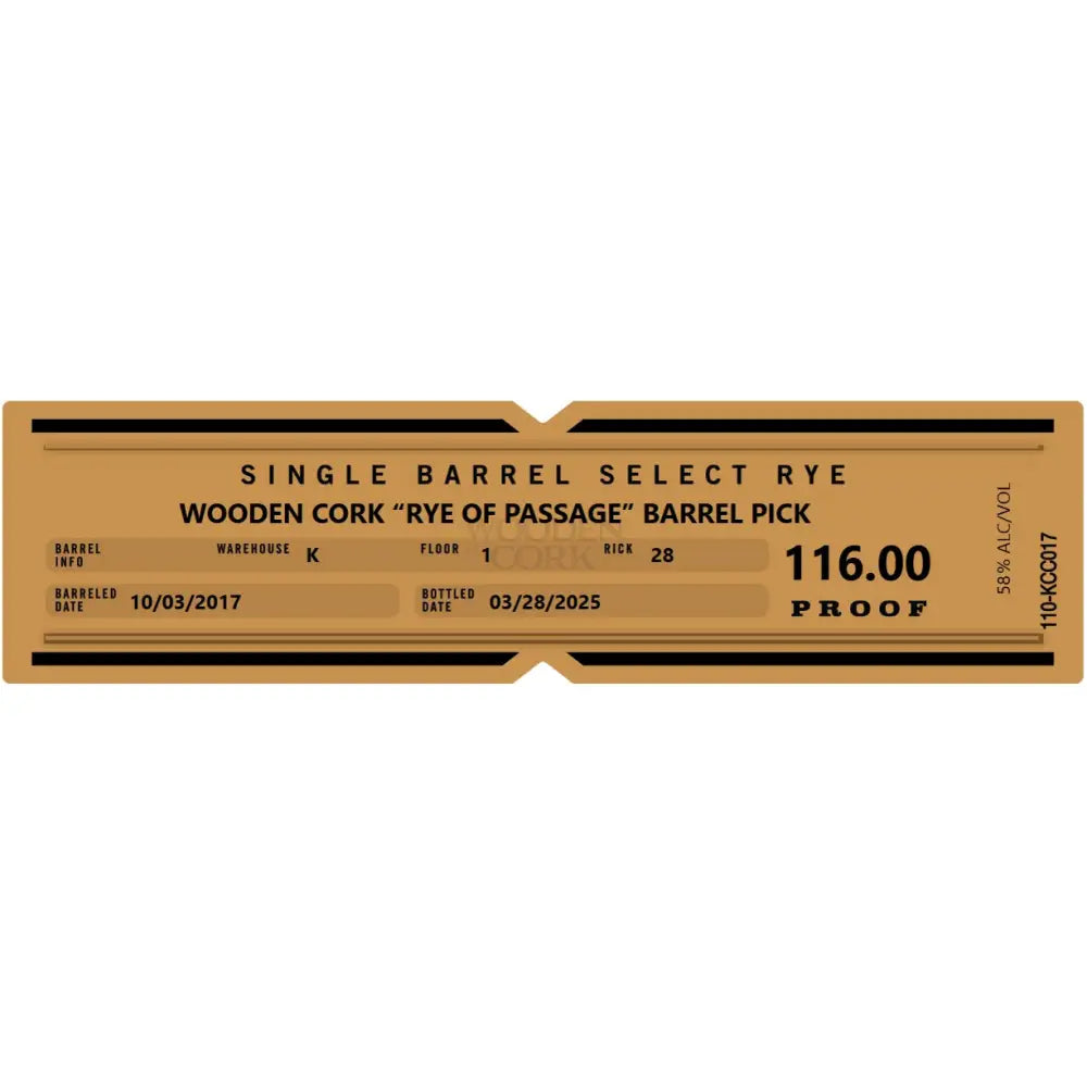 Knob Creek Wooden Cork "Rye of Passage" Barrel Pick 116 Proof Straight Rye Whiskey 750ml